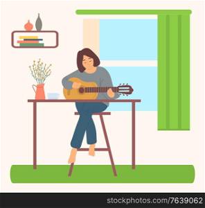 Woman at home sitting on high chair near table and playing guitar. Vector female lady sits at window and play on musical instrument, vase on table, shelf with pottery. Girl does her hobby. Woman at Home Sitting on Chair and Playing Guitar