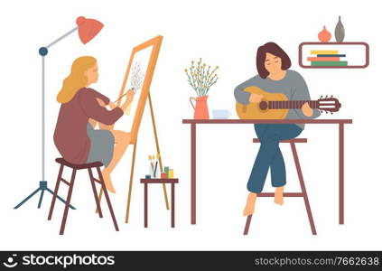 Woman at home vector, hobby of lady sitting on high stool playing guitar. Guitarist musician and painter, artist with brushes easel with canvas interest. Woman Playing Guitar and Painting Pictures Hobby