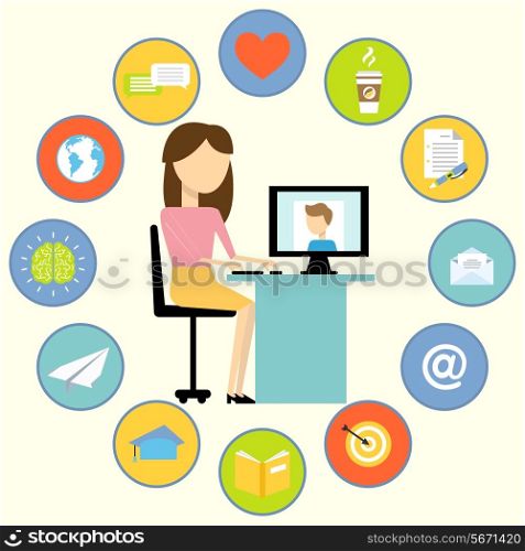 Woman at office table mobile applications business communication concept vector illustration
