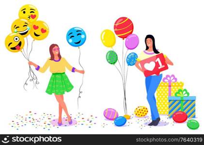 Woman at photozones vector, girl holding balloons in form of emoji. Smiling and kissing emoticon, laughing and winking face. Lady with like and presents in boxes. Celebration of happy birthday. Girls Taking Photos in Photozone with Accessories