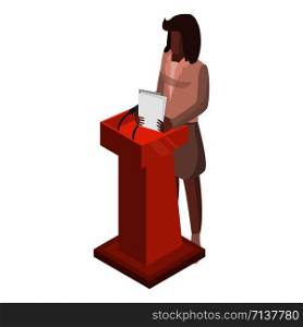 Woman at political debate icon. Isometric of woman at political debate vector icon for web design isolated on white background. Woman at political debate icon, isometric style