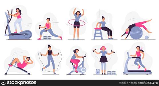Woman at sport gym. Vector illustration set. Female run on treadmill, equipment for fitness in gym, workout people, training exercise collection. Woman at sport gym. Vector illustration set