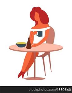 Woman at table having lunch with coffee or tea isolated character vector girl with cup bowl and bottle cafe or cafeteria canteen eating meal or dish and beverage wooden furniture eating and drinking. Woman at table having lunch with coffee or tea isolated character