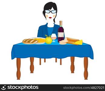 Woman at the table. Making look younger woman sits for festive table