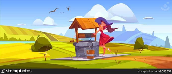 Woman at village well, young happy girl with bucket come to take fresh drinking water in old stone sump on green hill with farm fields around. Summer day rural landscape, Cartoon vector illustration. Woman at village well, happy girl with bucket