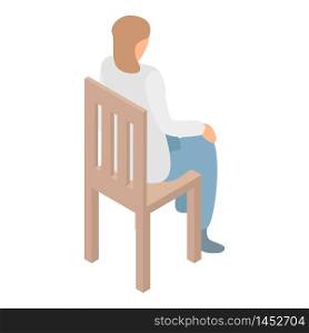 Woman at wood chair icon. Isometric of woman at wood chair vector icon for web design isolated on white background. Woman at wood chair icon, isometric style