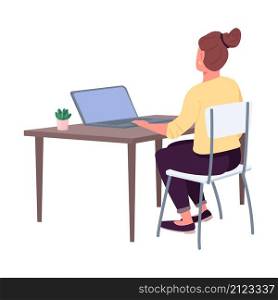 Woman at workplace semi flat color vector character. Sitting figure. Full body person on white. Remote job isolated modern cartoon style illustration for graphic design and animation. Woman at workplace semi flat color vector character