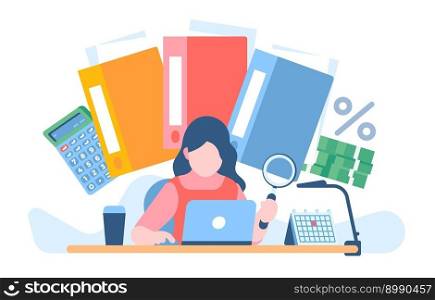 Woman audits company documents with review of financial statements. Report analysis. Worker studies business papers with magnifier. Corporate finance data auditing. Employees paperwork. Vector concept. Woman audits company documents with review of financial statements. Worker studies business papers with magnifier. Corporate finance data auditing. Employees paperwork. Vector concept