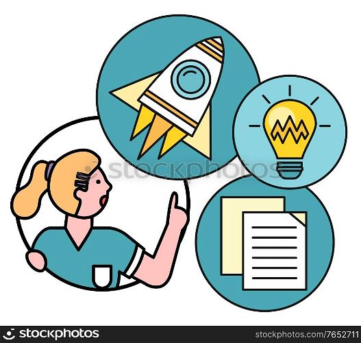 Woman avatar icon with spaceship, lightbulb and paper in circle on white. Successful objects and thinking female character with rising hand. Element of business plan and creative idea strategy vector. Business Idea with Woman Startup Rocket Documents