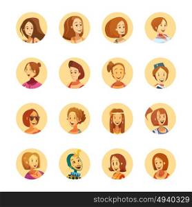 Woman Avatar Icons Cartoon Round . Young smiling woman playful cartoon style round avatar icons collection with different girlish hairstyle isolated vector illustrations