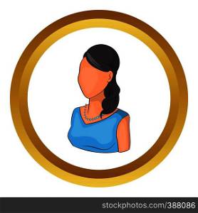Woman avatar in blue dress vector icon in golden circle, cartoon style isolated on white background. Woman avatar in blue dress vector icon