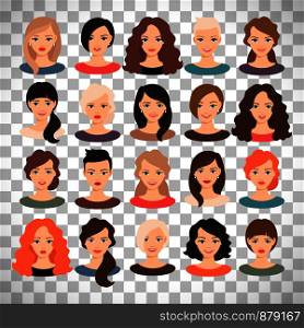 Woman avatar set vector illustration. Beautiful young girls portrait with different hair style isolated on transparent background. Woman avatar set on transparent background