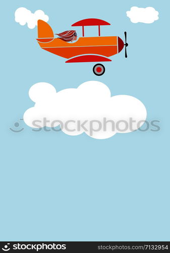 woman aviator on the plane in the sky between the clouds. Air show. Vector illustration