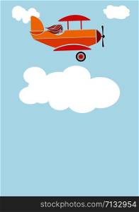 woman aviator on the plane in the sky between the clouds. Air show. Vector illustration