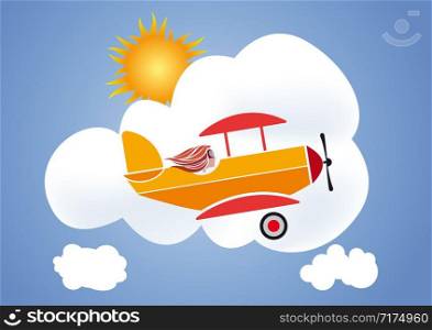 woman aviator on the plane in the sky between the clouds. Air show. Vector illustration