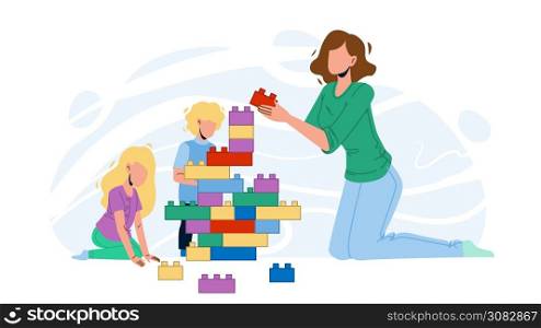 Woman Babysitting And Playing With Children Vector. Young Girl Babysitting And Play With Kids. Characters Babysitter And Babies Building Tower With Blocks Toys Flat Cartoon Illustration. Woman Babysitting And Playing With Children Vector