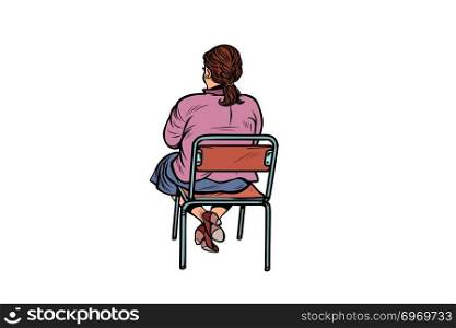 Woman back sitting on a chair. Pop art retro vector illustration vintage kitsch. Woman back sitting on a chair
