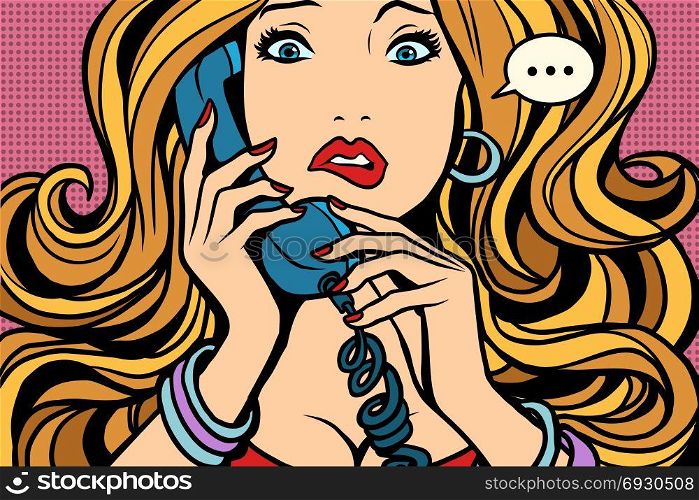 Woman, bad talking on the phone. Comic book cartoon pop art retro color illustration drawing. Woman, bad talking on the phone
