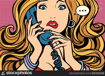 Woman, bad talking on the phone. Comic book cartoon pop art retro color illustration drawing. Woman, bad talking on the phone