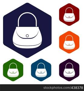 Woman bag icons set hexagon isolated vector illustration. Woman bag icons set hexagon