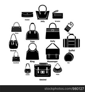 Woman bag types icons set. Simple illustration of 16 woman bag types vector icons for web. Woman bag types icons set, simple style