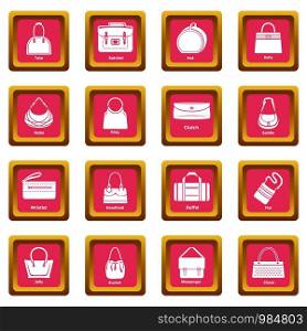 Woman bag types icons set vector pink square isolated on white background . Woman bag types icons set pink square vector