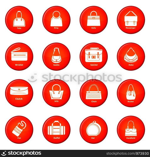 Woman bag types icons set vector red circle isolated on white background . Woman bag types icons set red vector