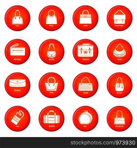 Woman bag types icons set vector red circle isolated on white background . Woman bag types icons set red vector