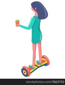 Woman balancing on segway, back view of girl wearing dress and holding cup, person standing on modern eco transport, equipment with wheels vector. Girl with Cup Balancing on Segway, Eco Vector