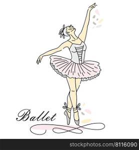 Woman ballet dancer of continuous line drawing in pink color.. Woman ballet dancer of continuous line drawing in pink color. Dance trend logotype. Oneline style.