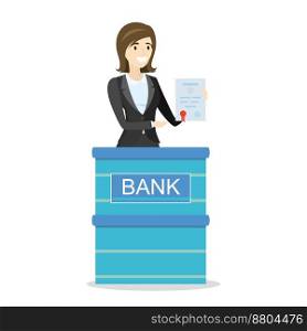 Woman bank worker,help desk in the bank,cartoon female character with paper certificate in hand,isolated on white background,flat vector illustration