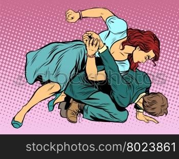 Woman beats man in fight pop art retro style. Woman hits a man. Self defence women. Competition. The war of the sexes. Woman beats man in fight