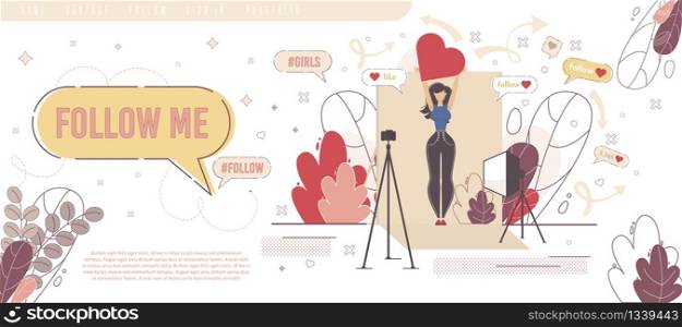Woman Beauty Blogger, Fashion, Style Vlogger, Social Network Model Personal Website Landing Page, Web Banner Template. Lady Recording Video, Streaming Vlog in Studio Trendy Flat Vector Illustration