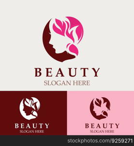Woman Beauty care logo. fresh Nature beauty face saloon and spa design flat vector
