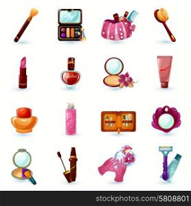 Woman beauty cosmetics and make-up cartoon icons set isolated vector illustration. Cosmetics Icons Set