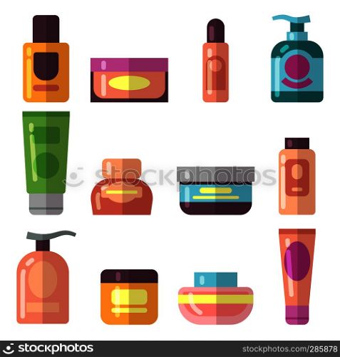 Woman beauty cosmetics product vector flat icons. Cosmetic product for female, fashion makeup cream illustration. Woman beauty cosmetics product vector flat icons