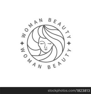Woman beauty fashion logo. Black and white template design in minimal style, emblem for beauty studio and cosmetics, badge for make up, beautiful woman face face in hair.Vector illustration.. Woman beauty fashion logo.