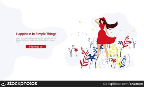 Woman Beauty, Happy Lifestyle Flat Vector Web Banner with Young Lady Holding Hat on Wind Illustration. Motivation, Positive Thinking and Open Ming Psychological Practice Course Landing Page Template