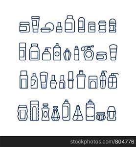 Woman beauty products, cosmetics, body skin care and makeup package vector icons isolated. Collection of tube container, package cream lotion illustration. Woman beauty products, cosmetics, body skin care and makeup package vector icons isolated