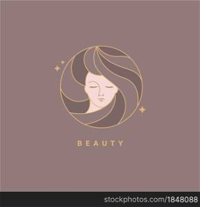 Woman beauty salon fashion template logo. Design in minimal style, emblem for beauty studio and cosmetics, badge for make up, beautiful woman face face in hair.Vector illustration.. Woman beauty fashion template logo.