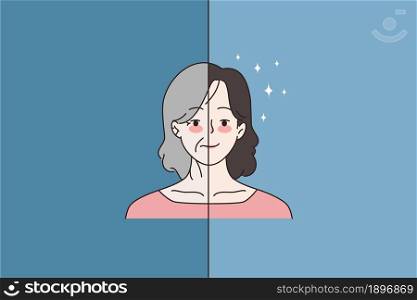 Woman before and after cosmetic facial surgery or beauty procedures. Female good face results after botox injections. Facelift rejuvenation, cosmetology concept. Cartoon flat vector illustration.. Woman before and after good salon face procedures