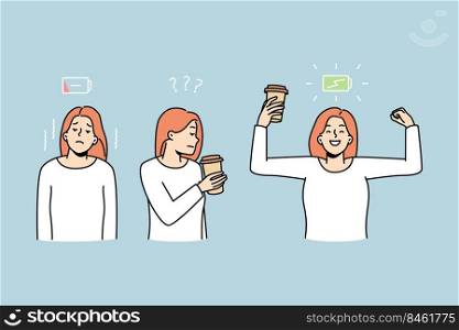 Woman before and after drinking coffee. Female get energy from hot espresso. Active life and caffeine refreshment. Vector illustration.. Woman before and after coffee
