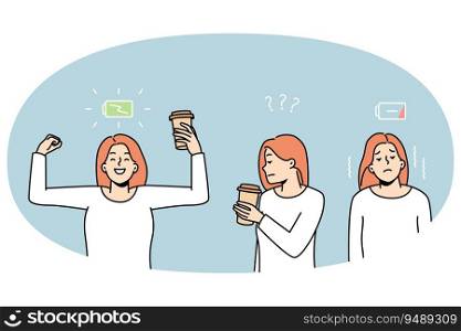 Woman before and after drinking coffee. Female get energy from hot espresso. Active life and caffeine refreshment. Vector illustration.. Woman before and after coffee