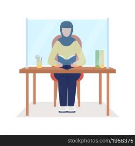 Woman behind desk protector screen semi flat color vector character. Sitting figure. Full body person on white. Safety isolated modern cartoon style illustration for graphic design and animation. Woman behind desk protector screen semi flat color vector character