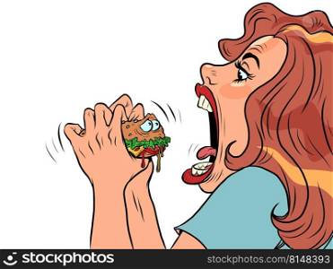 Woman bites cute burger character in restaurant, Fast food humor. Comic cartoon style drawing illustration. Woman bites cute burger character in restaurant, Fast food humor