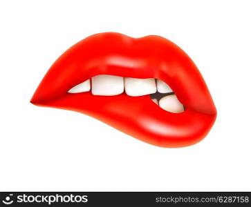 Woman biting her red lips. Vector illustration.