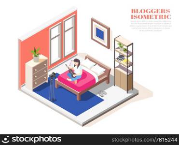 Woman blogger sitting on bed and playing guitar in front of camera isometric composition 3d vector illustration