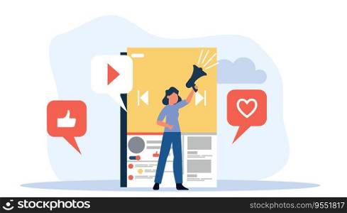 Woman blogger vector illustration communication internet. Online blog on smartphone concept social mobile network. Review like video content live streaming user. Phone vlog stream discussion speech