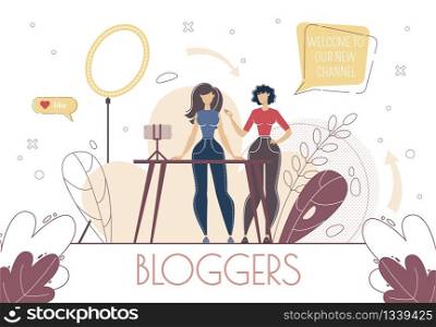 Woman Bloggers or Streamers Collaboration, Content Creator Channel Promotion Concept. Beauty Bloggers Broadcasting Live Video Online, Recording Podcast with Cellphone Trendy Flat Vector Illustration