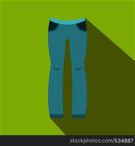 Woman blue trousers icon in flat style on a green background. Woman trousers icon, flat style